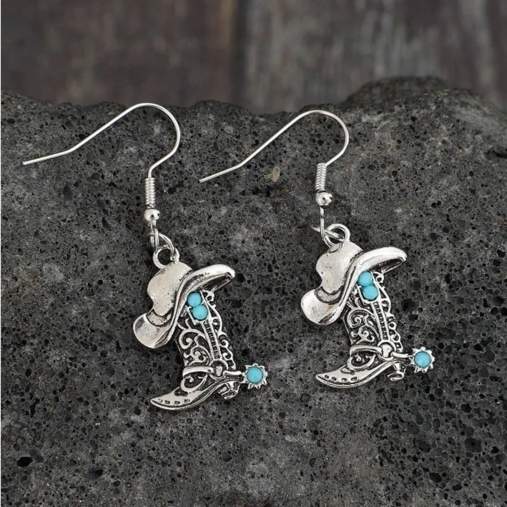 Southwest Style Turquoise Antique Silver Cowboy Boots & Hat Earrings